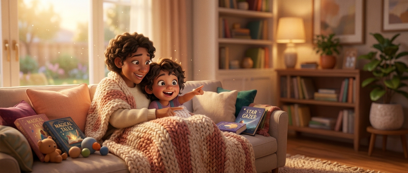 A parent and child cuddled together watching their personal story video