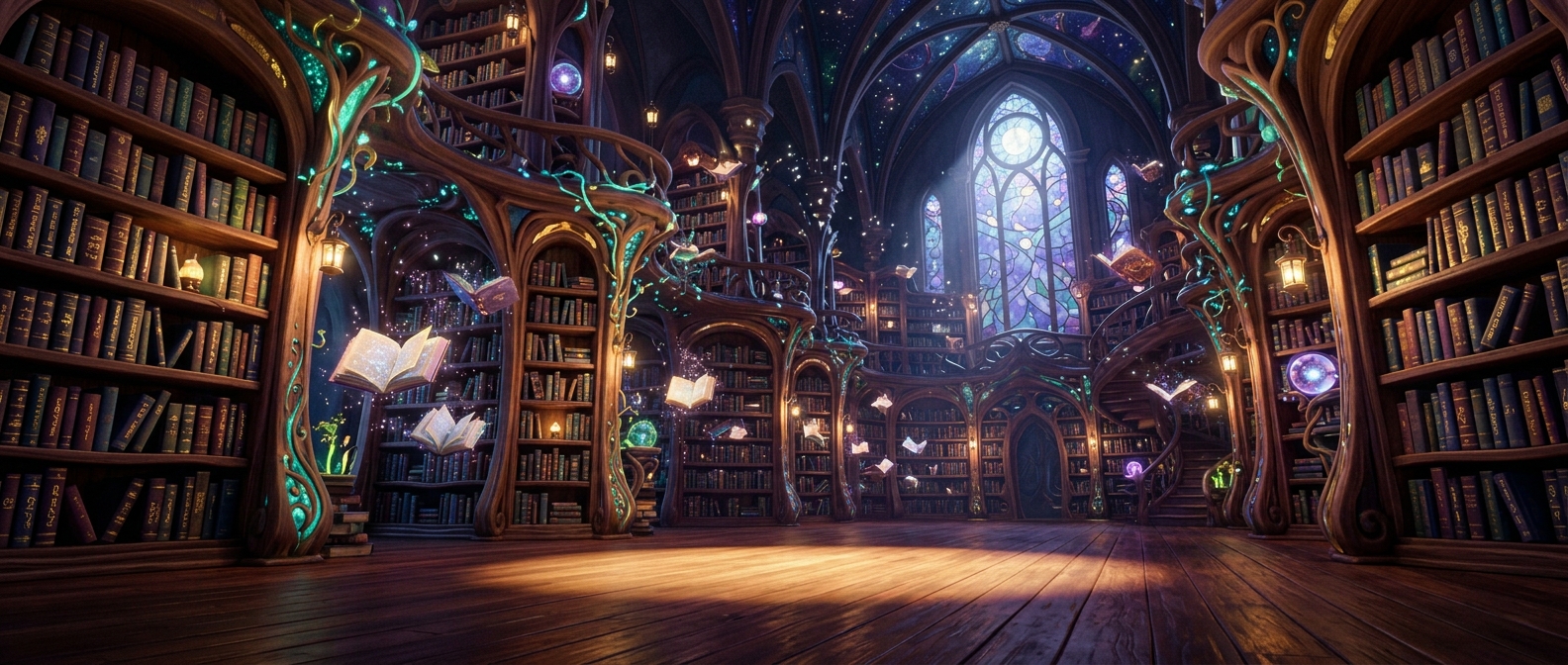 A vast magical library at night with floating glowing books