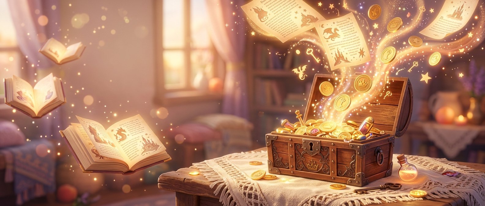 Magical storybook pages transforming into golden coins cascading into a treasure chest